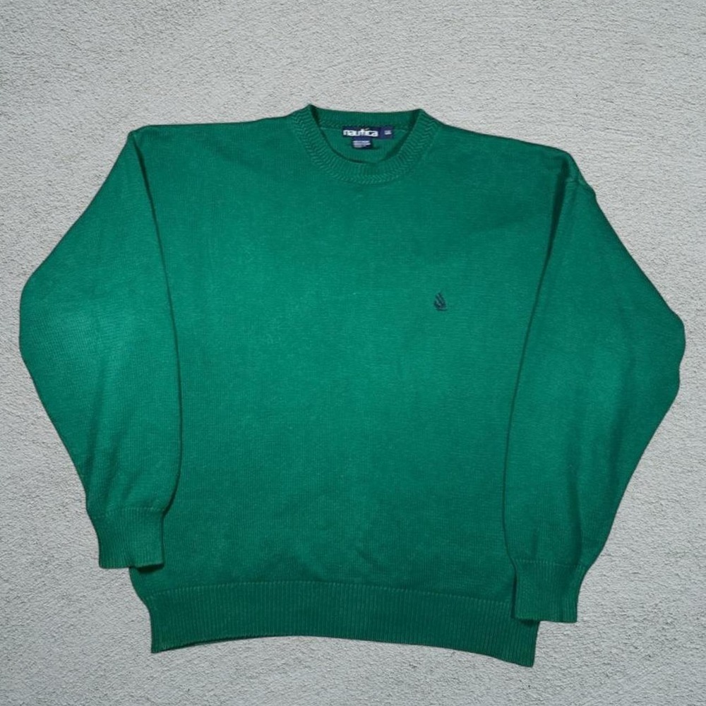 Vintage Nautica Green 100% Cotton Crewneck Sweater Mens Large Preppy Knit